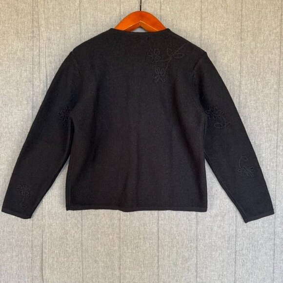 Karen Scott 100% Wool Black Embroidery Covered Button Front Cardigan Sweater - Picture 6 of 12